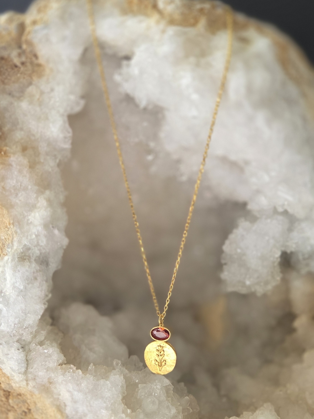 Mel Collection – Aurelia Coin Necklace | 24K Gold Plated | Red Zircon | Handmade